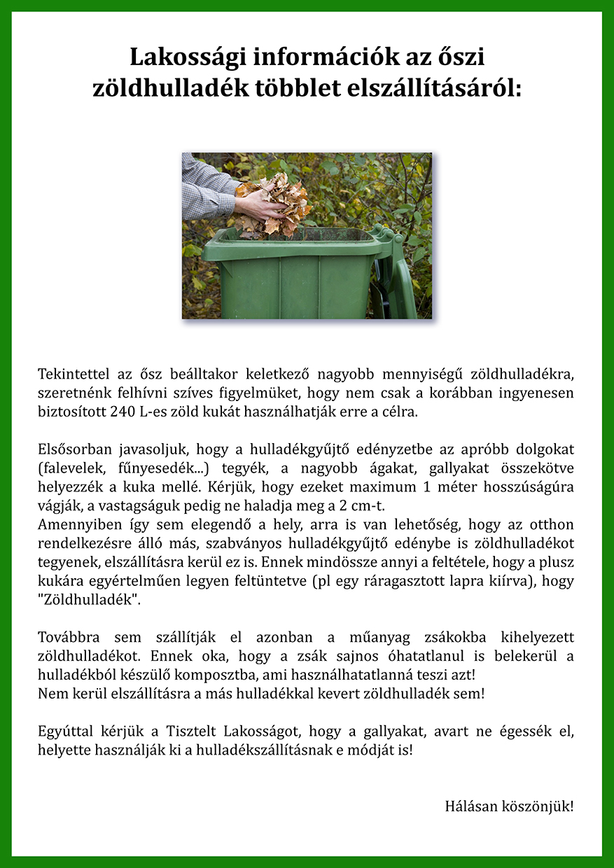 Tájékoztatás a zöld hulladék elszállítással kapcsolatban